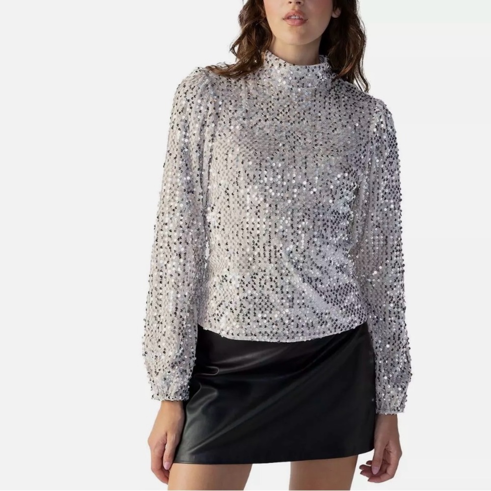 Anthropologie Sanctuary All Nighter Champagne Silver Sequin Mock Neck Top XS